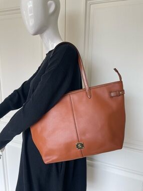 Lauren Ralph Lauren Large Cognac Pebbled Tote Bag Gold Logo Zip Top